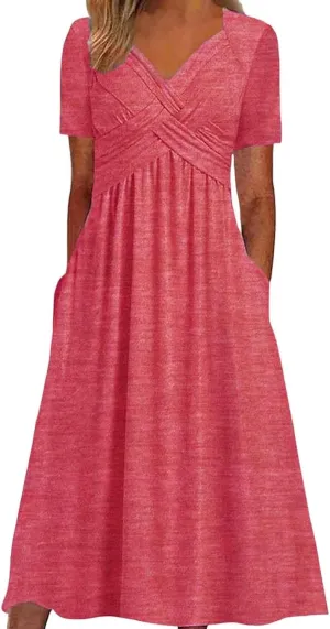 Women's Boho Floral Flowy A Line Midi Dress Casual Summer Short Sleeve Beach Vacation Dresses with Pockets