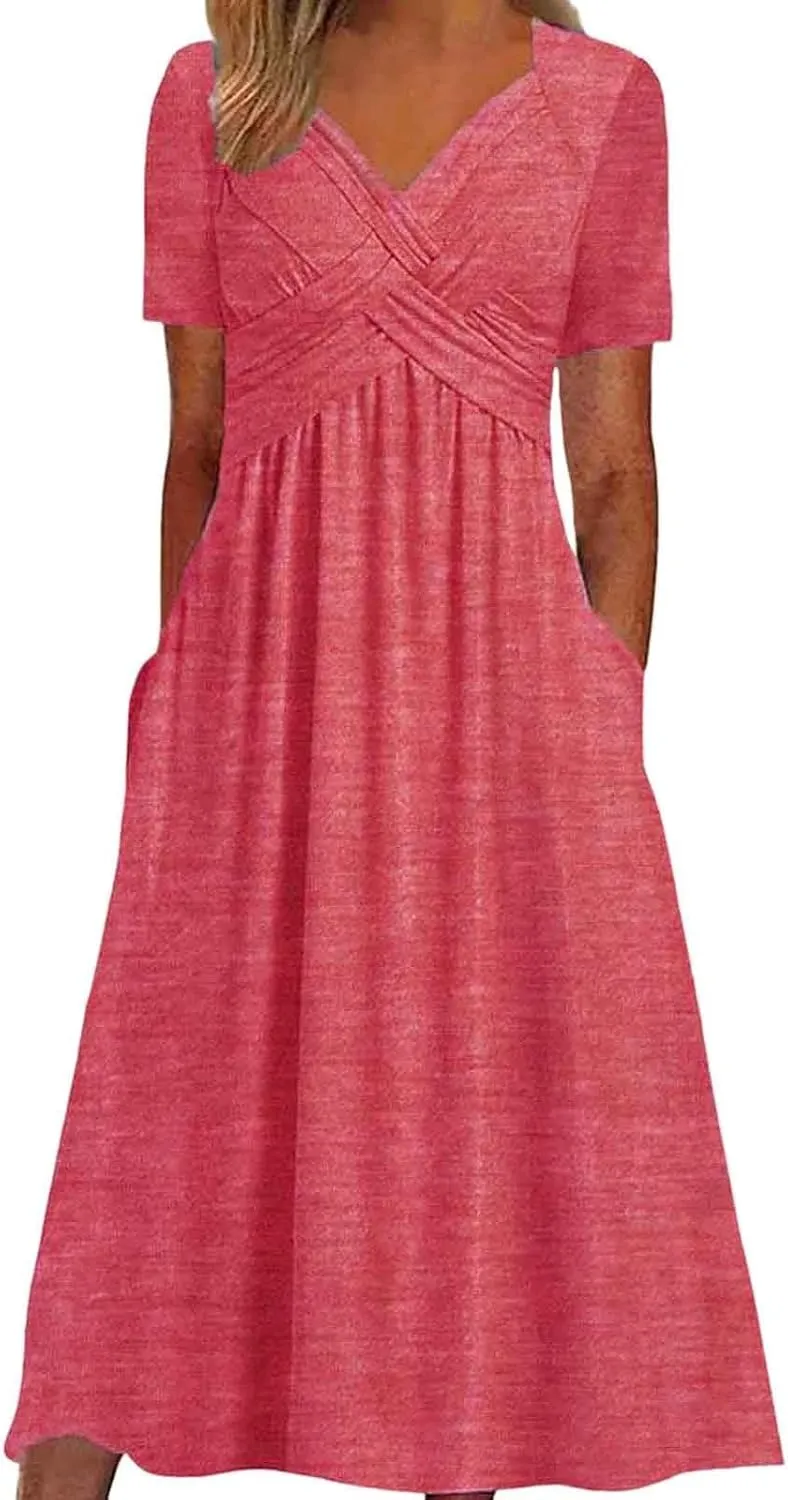 Women's Boho Floral Flowy A Line Midi Dress Casual Summer Short Sleeve Beach Vacation Dresses with Pockets