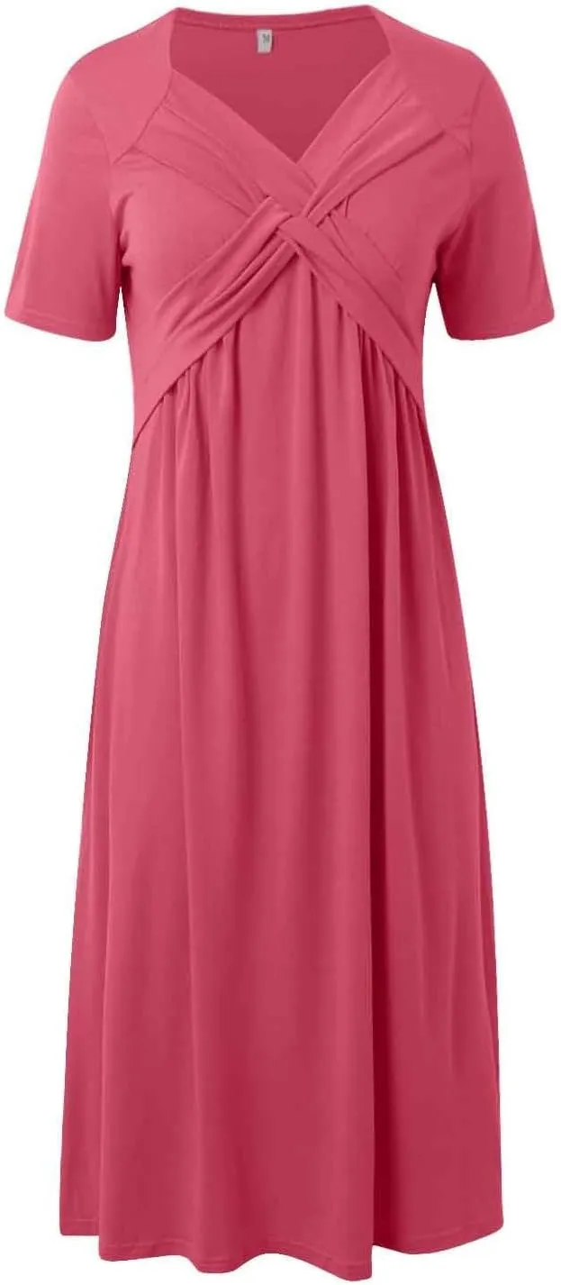 Women's Boho Floral Flowy A Line Midi Dress Casual Summer Short Sleeve Beach Vacation Dresses with Pockets