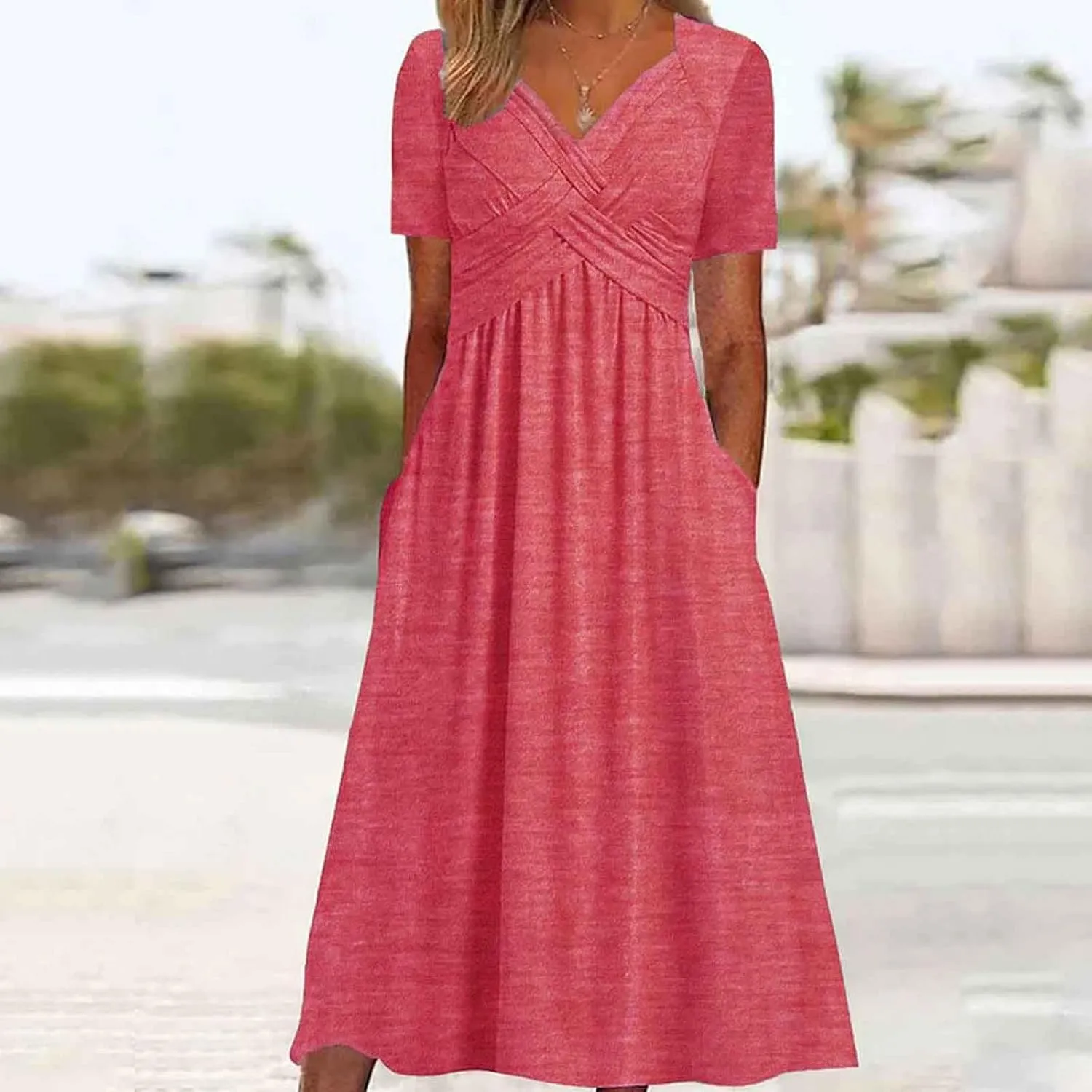 Women's Boho Floral Flowy A Line Midi Dress Casual Summer Short Sleeve Beach Vacation Dresses with Pockets