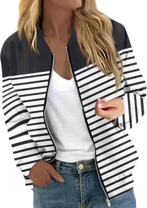 Women'S Bomber Jackets Lightweight Floral Printing Zip Up Long Sleeve Jacket With Pocket Fall Stand Collar Coat