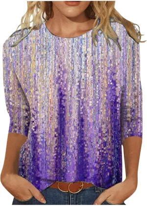 Womens Casual 3/4 Sleeve Tops Crew Neck Loose Blouses Floral Print T-Shirts, Boho Style Casual Shirts