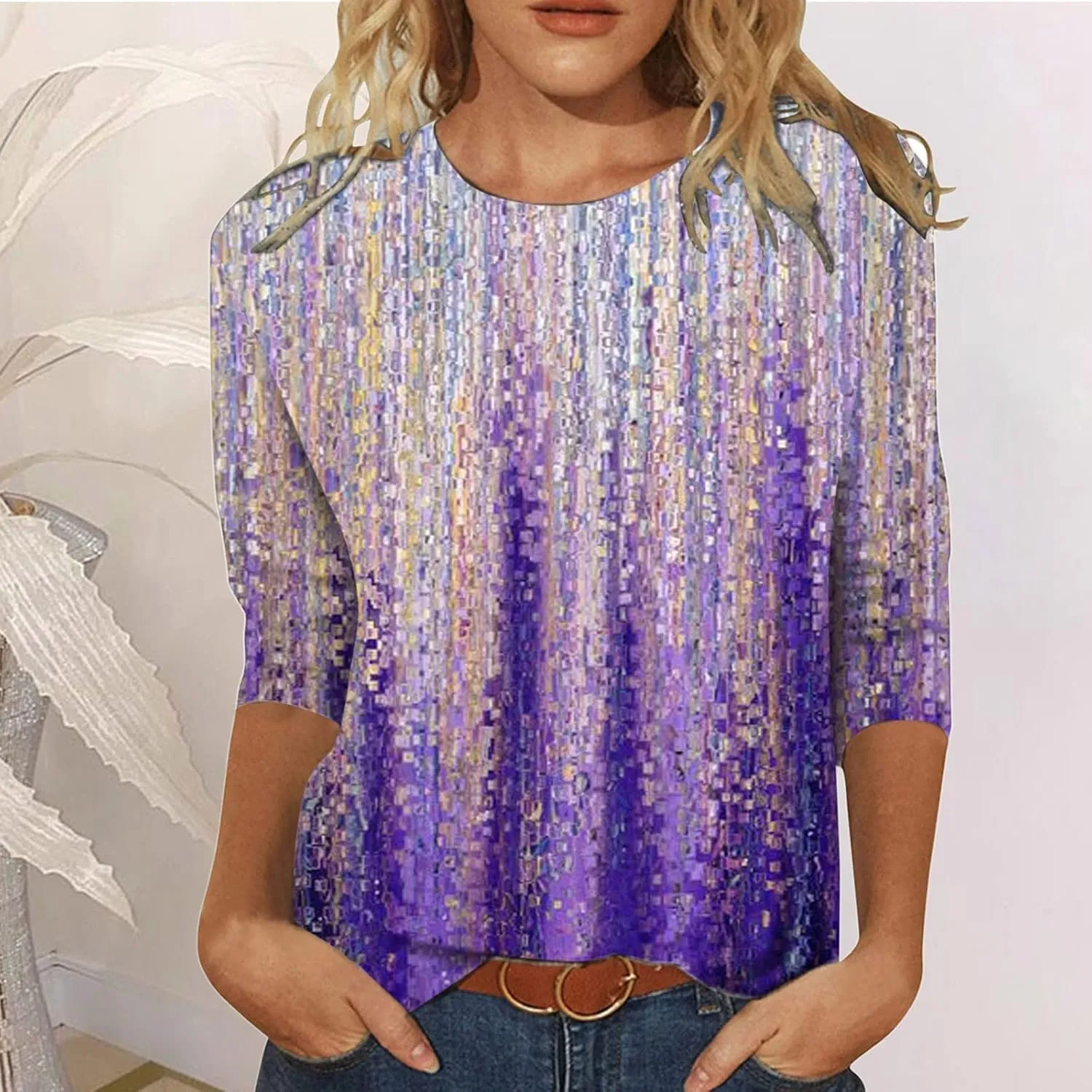 Womens Casual 3/4 Sleeve Tops Crew Neck Loose Blouses Floral Print T-Shirts, Boho Style Casual Shirts