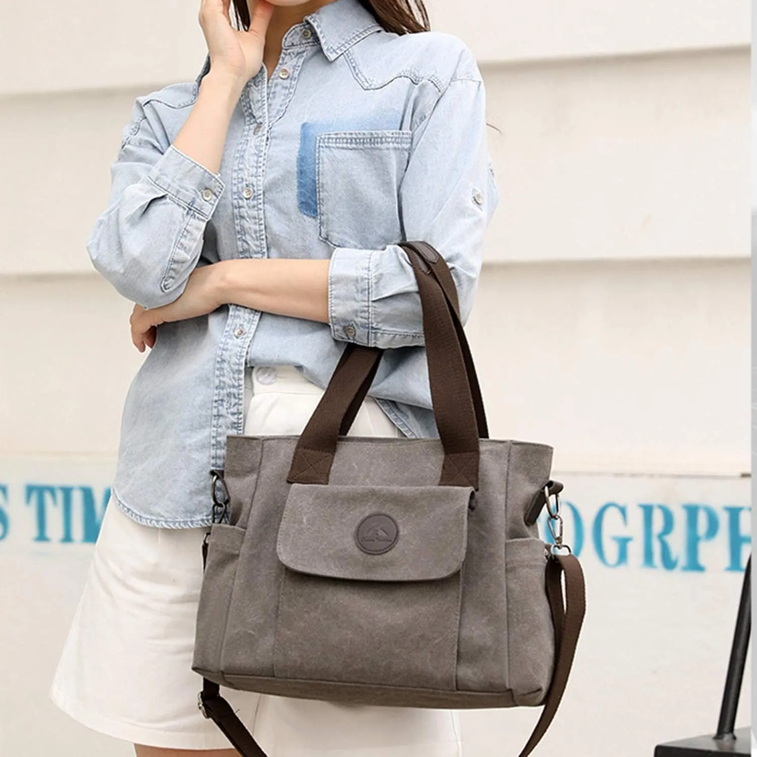 Women's Casual Canvas Shoulder Bags Tote Purse Top Handle Handbags Work Crossbody Satchel (Grey)