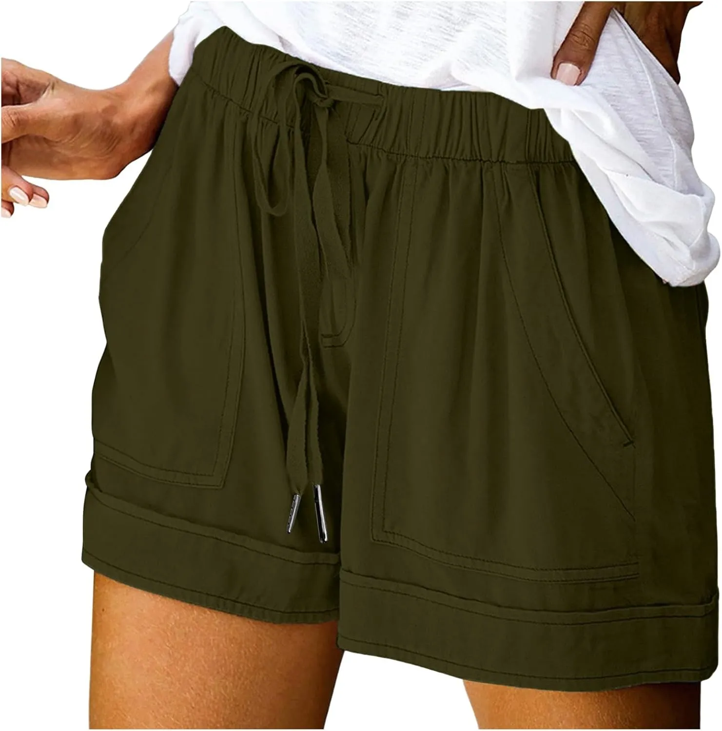 Womens Casual Drawstring Shorts Summer Elastic Waist Shorts Pocketed Pants Comfy Short
