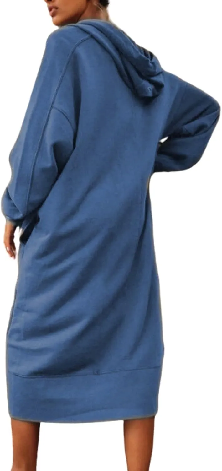 Womens Casual Oversized Hoodie Sweatshirt Dress Fall Long Sleeve Side Zipper Midi Dress Cozy Long Dresses with Pockets