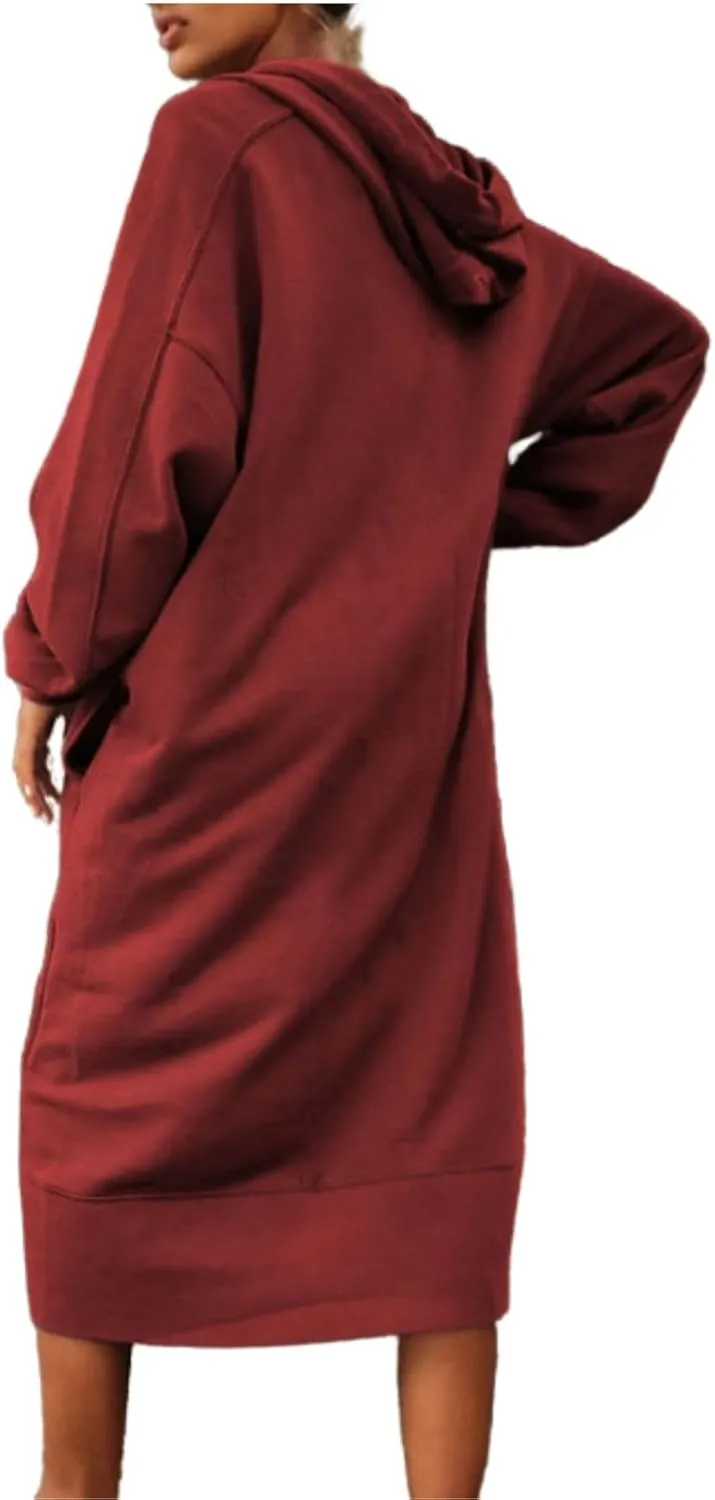 Womens Casual Oversized Hoodie Sweatshirt Dress Fall Long Sleeve Side Zipper Midi Dress Cozy Long Dresses with Pockets