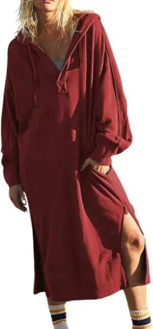 Womens Casual Oversized Hoodie Sweatshirt Dress Fall Long Sleeve Side Zipper Midi Dress Cozy Long Dresses with Pockets
