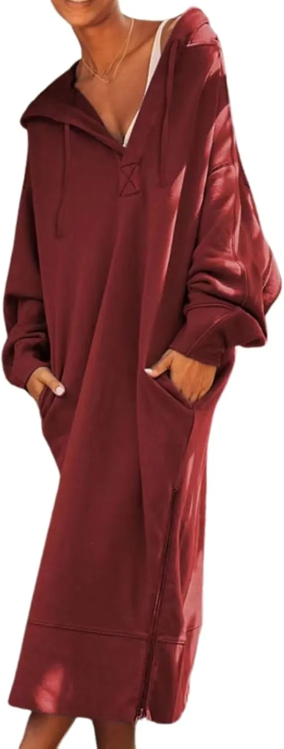 Womens Casual Oversized Hoodie Sweatshirt Dress Fall Long Sleeve Side Zipper Midi Dress Cozy Long Dresses with Pockets