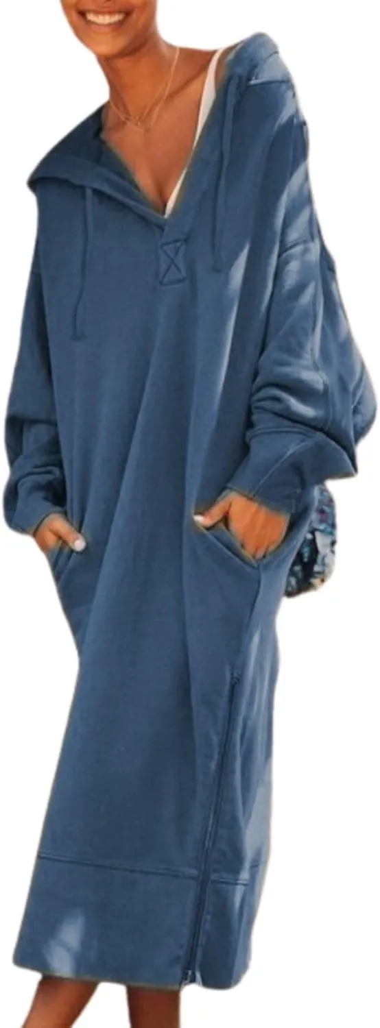 Womens Casual Oversized Hoodie Sweatshirt Dress Fall Long Sleeve Side Zipper Midi Dress Cozy Long Dresses with Pockets