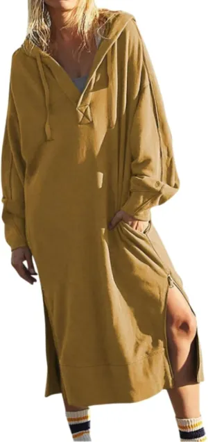 Womens Casual Oversized Hoodie Sweatshirt Dress Fall Long Sleeve Side Zipper Midi Dress Cozy Long Dresses with Pockets