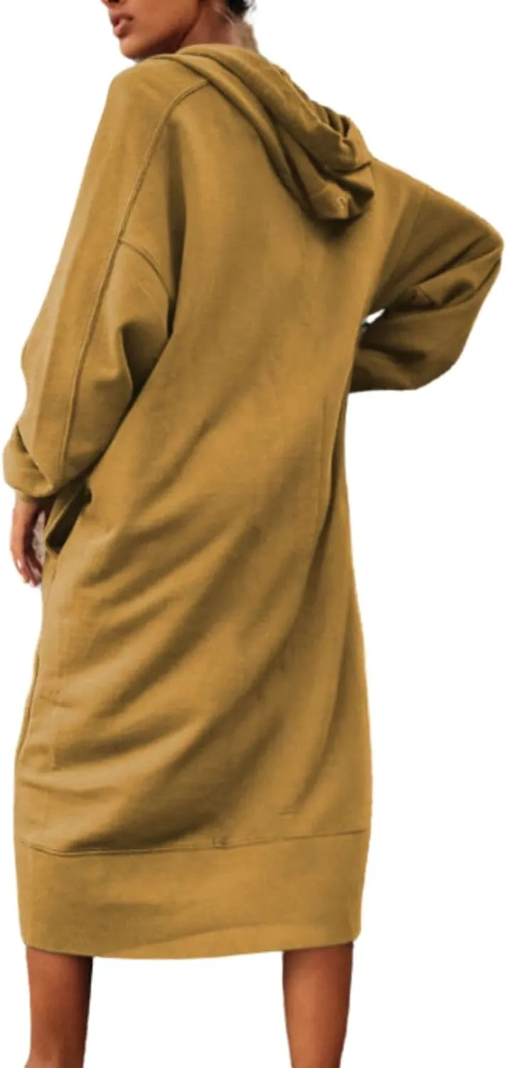 Womens Casual Oversized Hoodie Sweatshirt Dress Fall Long Sleeve Side Zipper Midi Dress Cozy Long Dresses with Pockets