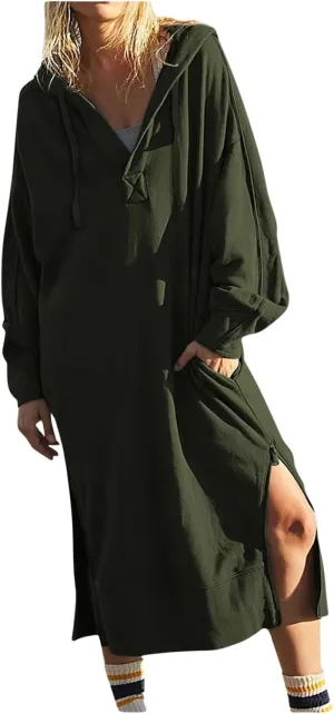 Womens Casual Oversized Hoodie Sweatshirt Dress Fall Long Sleeve Side Zipper Midi Dress Cozy Long Dresses with Pockets