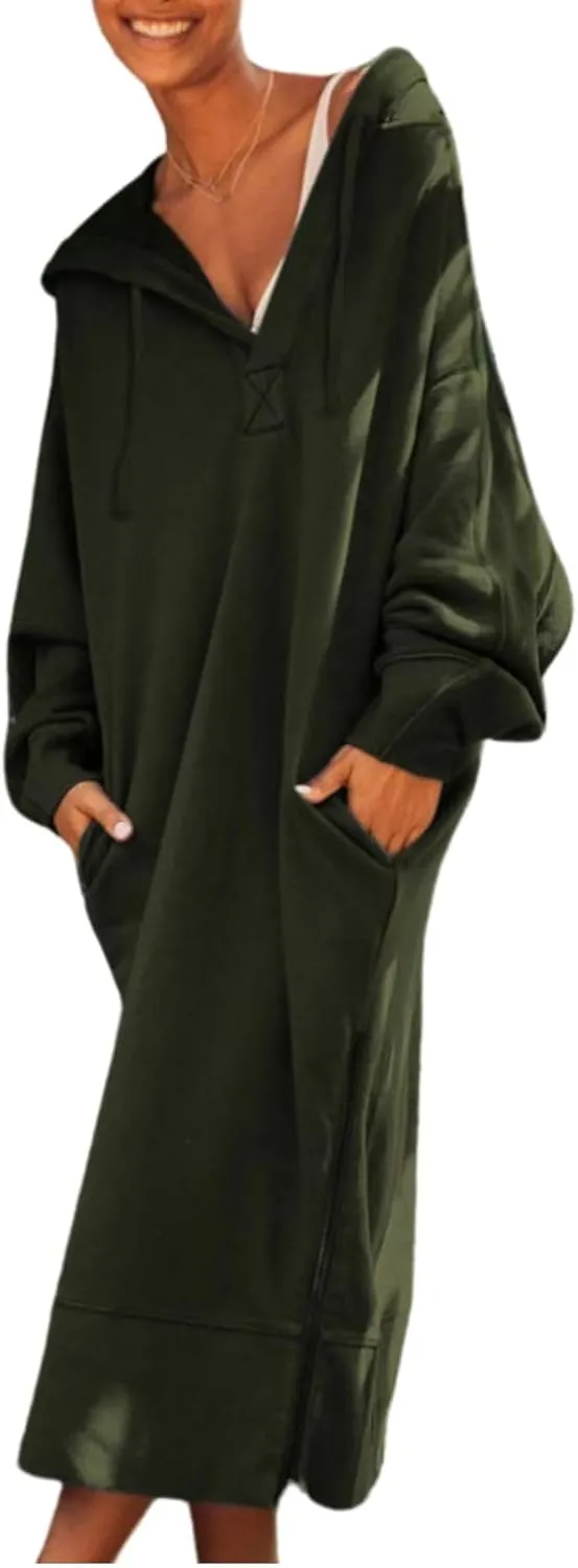 Womens Casual Oversized Hoodie Sweatshirt Dress Fall Long Sleeve Side Zipper Midi Dress Cozy Long Dresses with Pockets