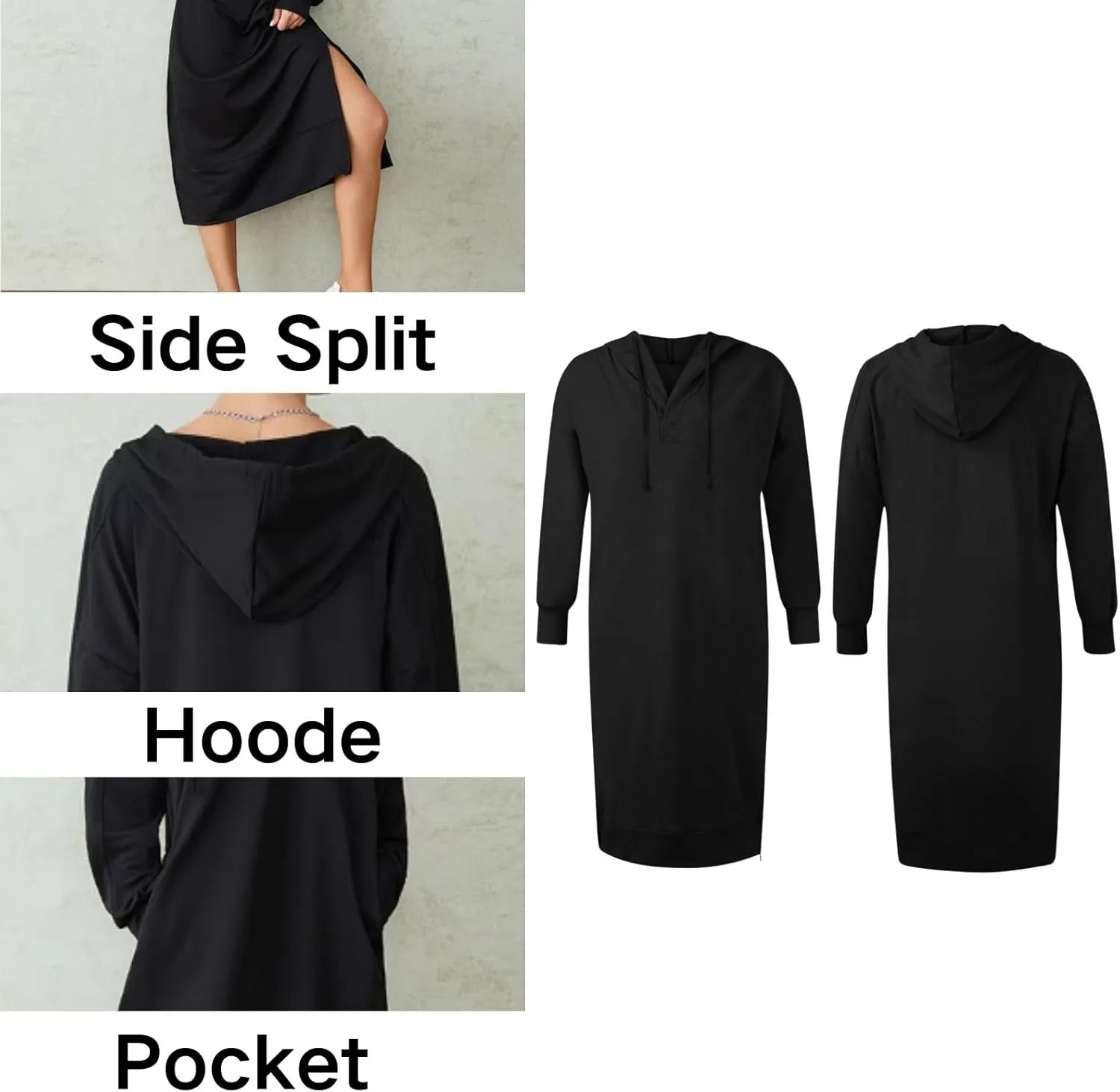 Womens Casual Oversized Hoodie Sweatshirt Dress Fall Long Sleeve Side Zipper Midi Dress Cozy Long Dresses with Pockets