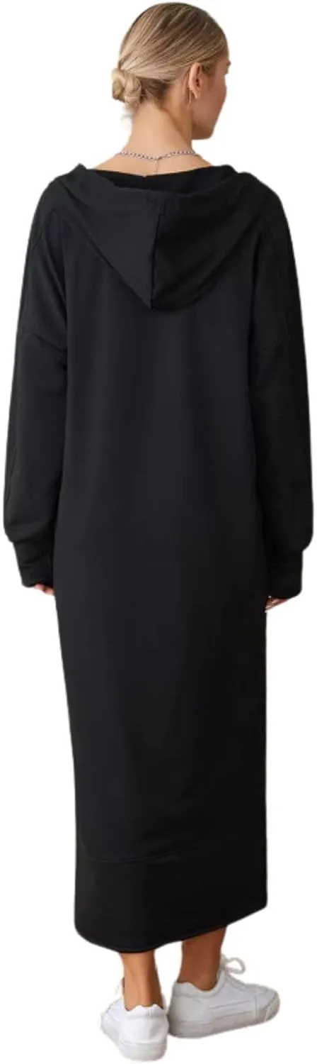 Womens Casual Oversized Hoodie Sweatshirt Dress Fall Long Sleeve Side Zipper Midi Dress Cozy Long Dresses with Pockets