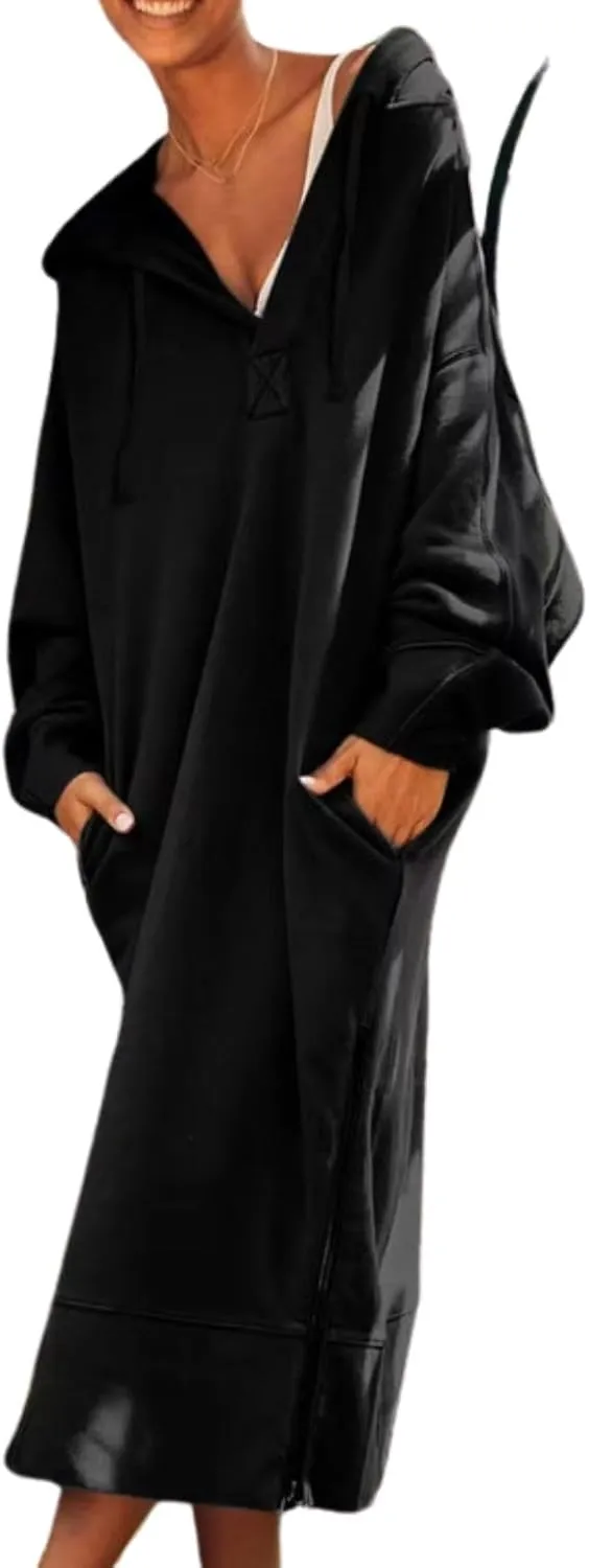 Womens Casual Oversized Hoodie Sweatshirt Dress Fall Long Sleeve Side Zipper Midi Dress Cozy Long Dresses with Pockets