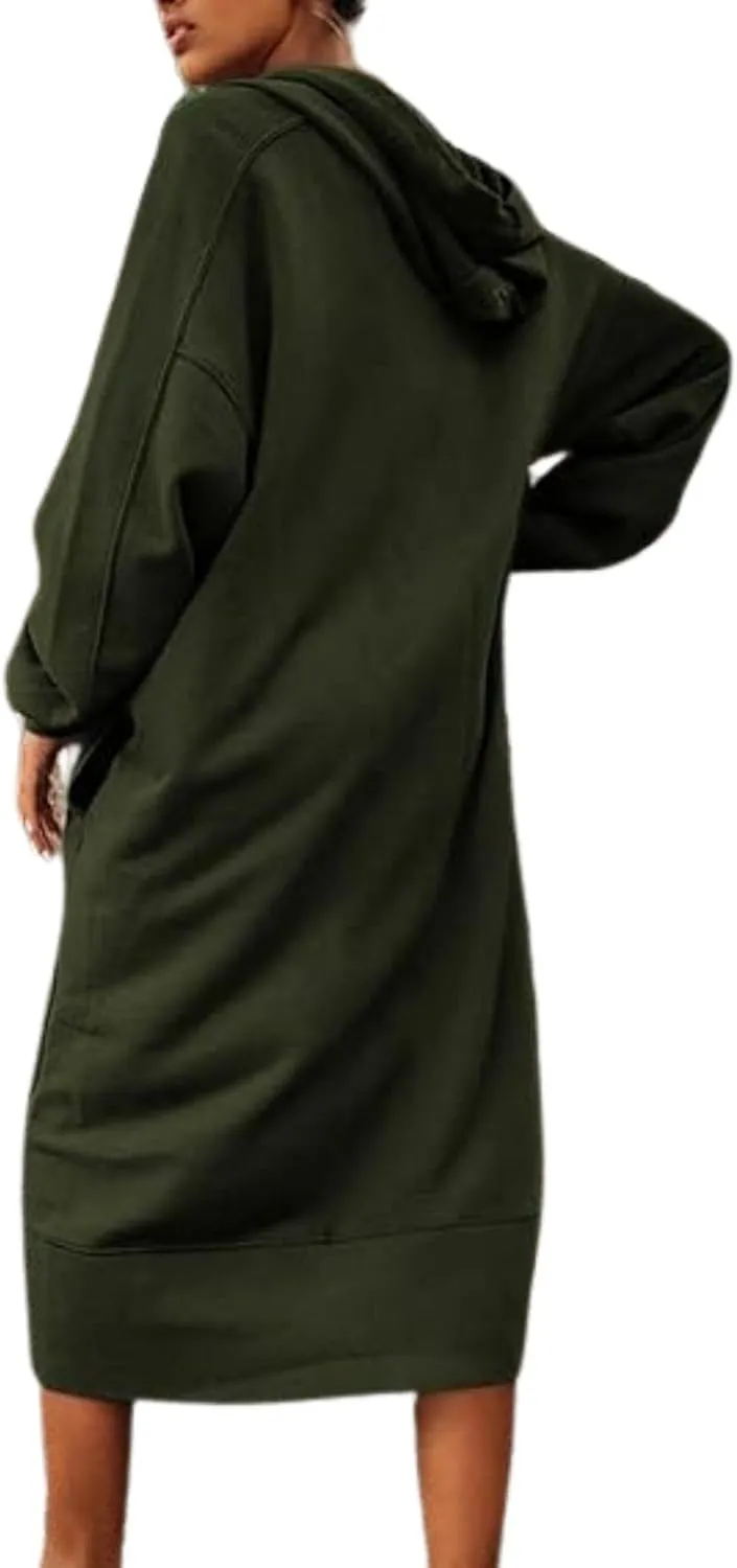 Womens Casual Oversized Hoodie Sweatshirt Dress Fall Long Sleeve Side Zipper Midi Dress Cozy Long Dresses with Pockets