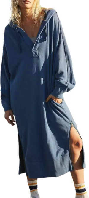 Womens Casual Oversized Hoodie Sweatshirt Dress Fall Long Sleeve Side Zipper Midi Dress Cozy Long Dresses with Pockets