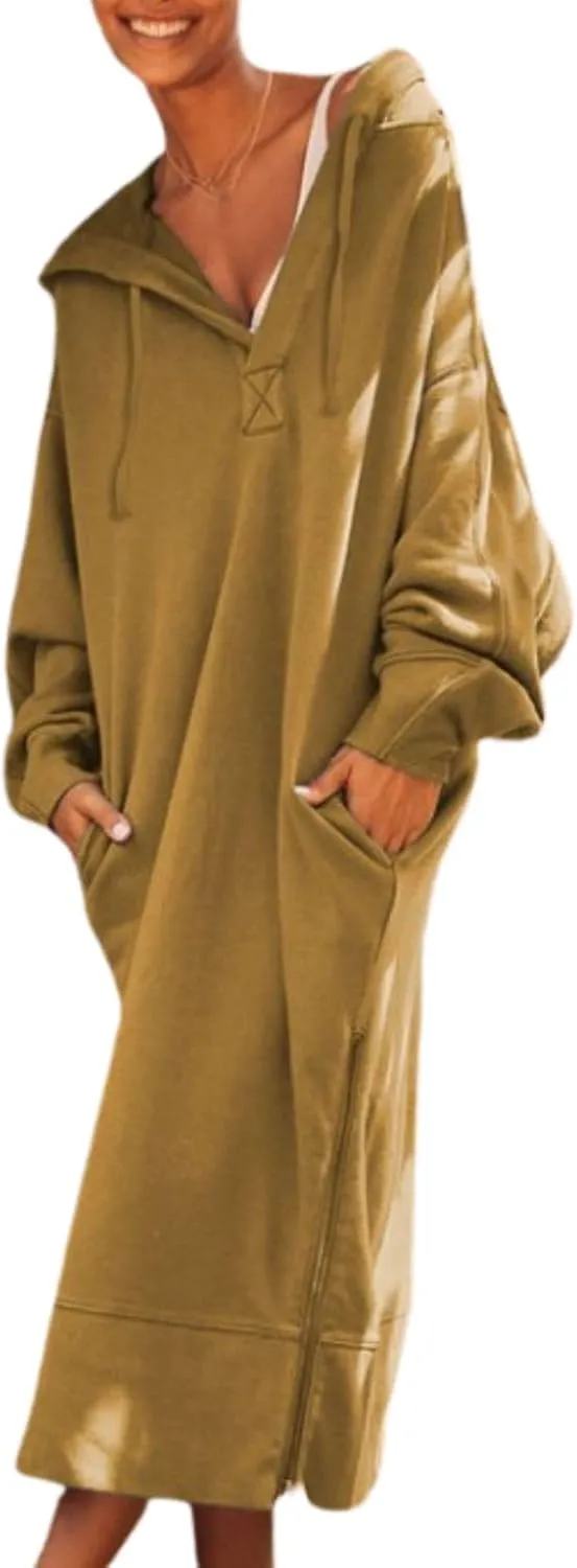 Womens Casual Oversized Hoodie Sweatshirt Dress Fall Long Sleeve Side Zipper Midi Dress Cozy Long Dresses with Pockets