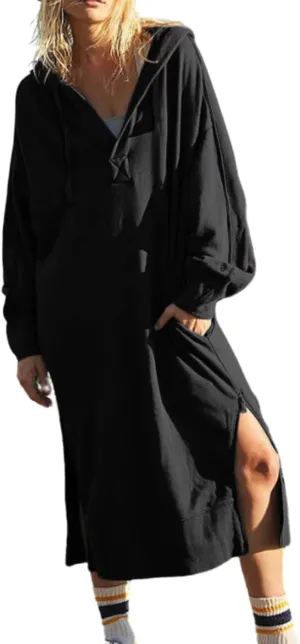Womens Casual Oversized Hoodie Sweatshirt Dress Fall Long Sleeve Side Zipper Midi Dress Cozy Long Dresses with Pockets