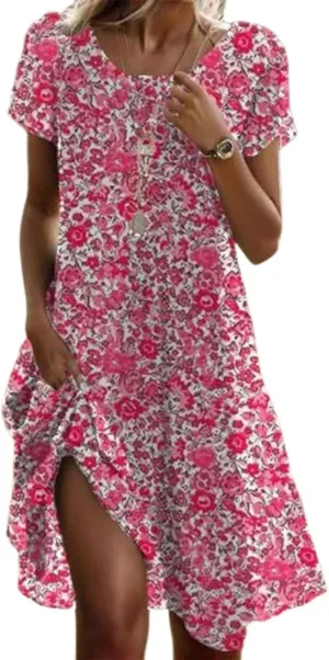 Women's Casual Shift Dresses with Floral Print Summer Round Neck Sundress Short Sleeve Mini Dress