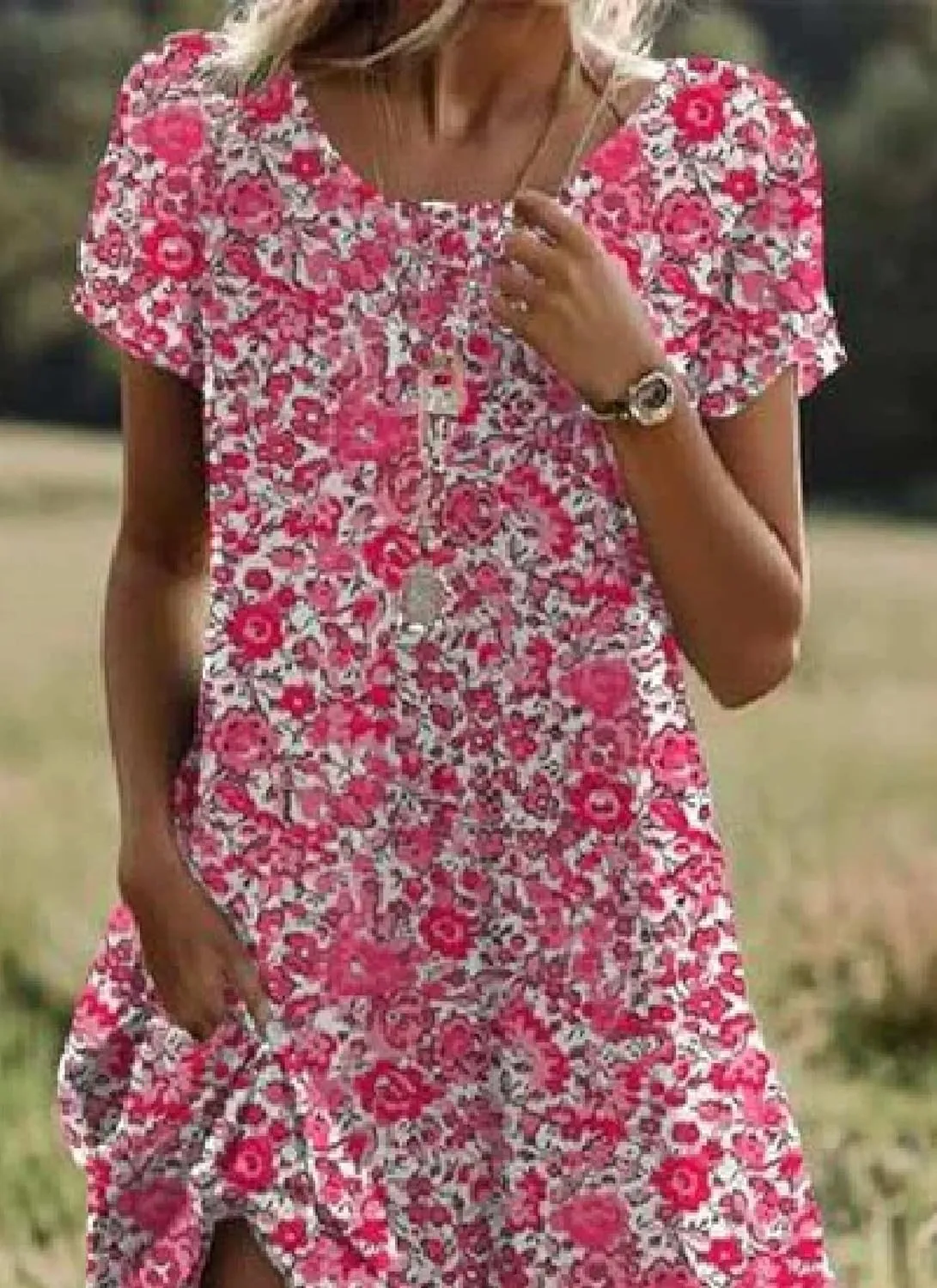 Women's Casual Shift Dresses with Floral Print Summer Round Neck Sundress Short Sleeve Mini Dress