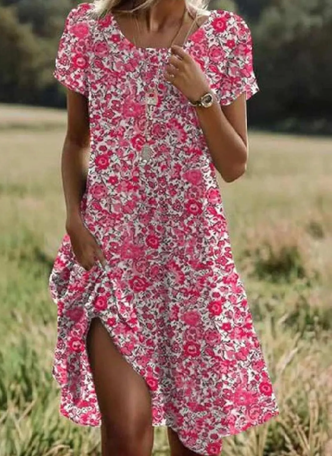 Women's Casual Shift Dresses with Floral Print Summer Round Neck Sundress Short Sleeve Mini Dress
