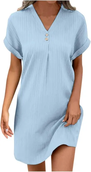 Women's Casual T Shirt Dress Summer V Neck Button Short Sleeve Dresses 2025 Mini Sundresses Linen Dress Women