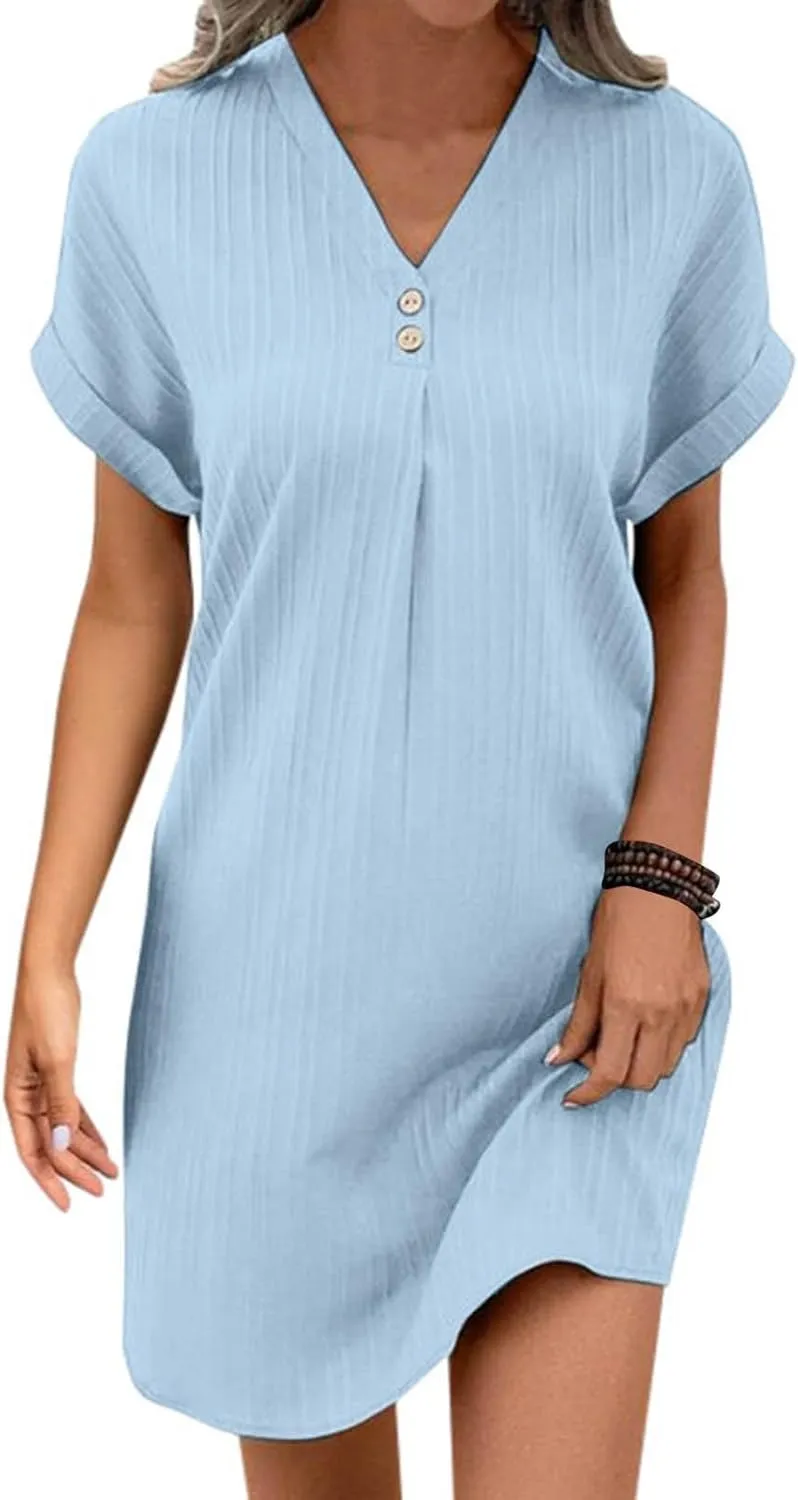 Women's Casual T Shirt Dress Summer V Neck Button Short Sleeve Dresses 2025 Mini Sundresses Linen Dress Women