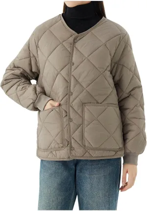 Women's Checked Quiled Winter Coats Casual Single Breasted Padded Cotton Jackets Thick Warm Short Outdoor Outerwear