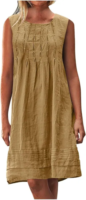 Womens Cotton Linen Shift Dresses Casual Loose Summer Sleeveless Pleated Midi Tshirt Sundress Beach Gauze Dress