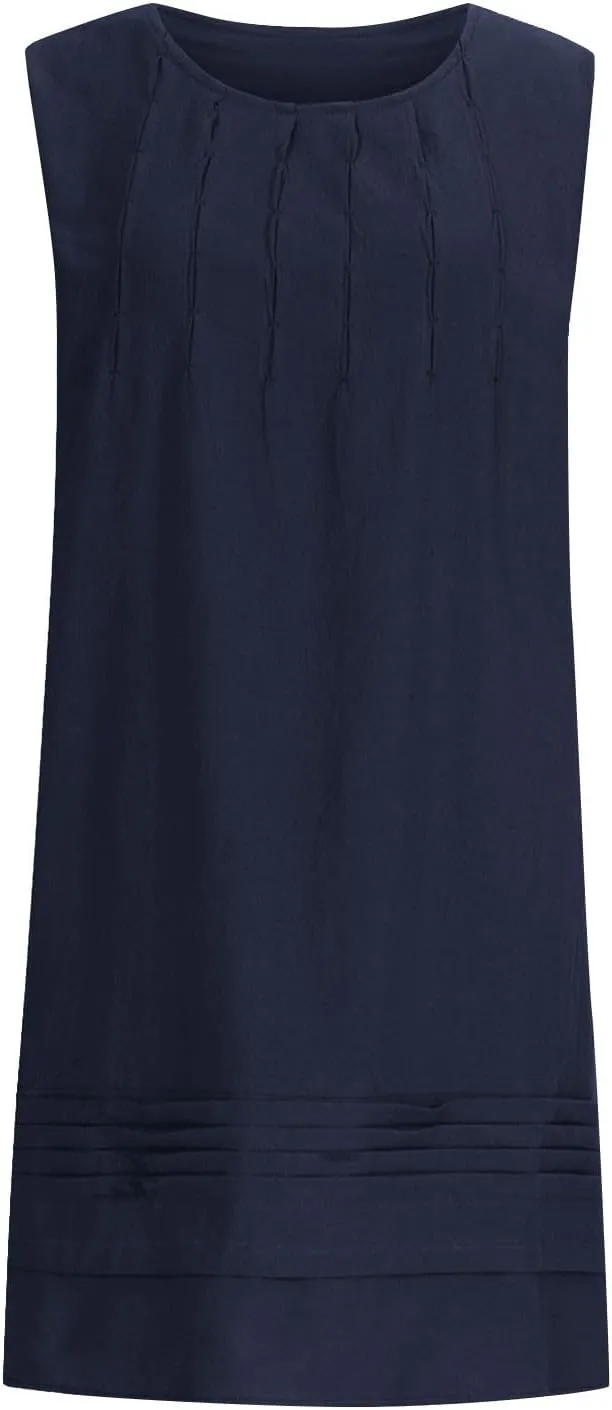 Womens Cotton Linen Shift Dresses Casual Loose Summer Sleeveless Pleated Midi Tshirt Sundress Beach Gauze Dress