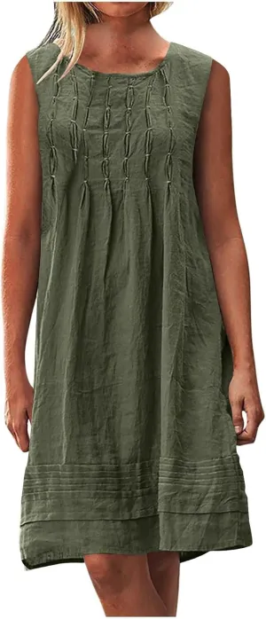 Womens Cotton Linen Shift Dresses Casual Loose Summer Sleeveless Pleated Midi Tshirt Sundress Beach Gauze Dress