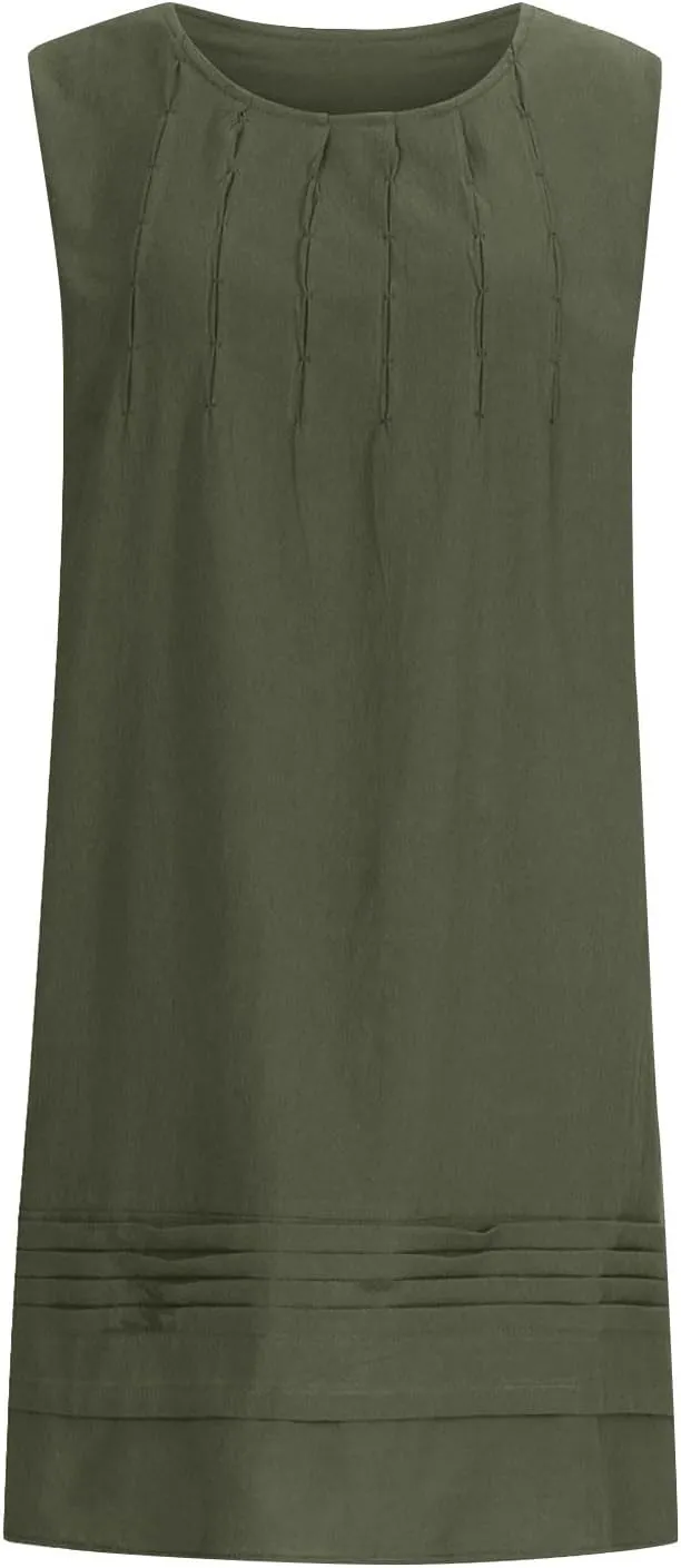 Womens Cotton Linen Shift Dresses Casual Loose Summer Sleeveless Pleated Midi Tshirt Sundress Beach Gauze Dress