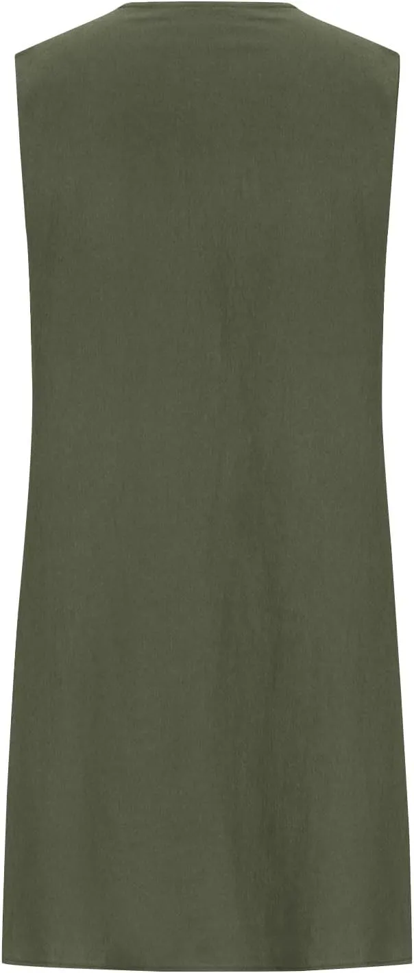 Womens Cotton Linen Shift Dresses Casual Loose Summer Sleeveless Pleated Midi Tshirt Sundress Beach Gauze Dress