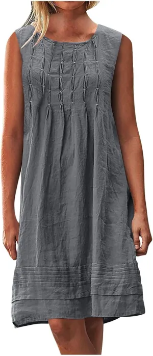 Womens Cotton Linen Shift Dresses Casual Loose Summer Sleeveless Pleated Midi Tshirt Sundress Beach Gauze Dress