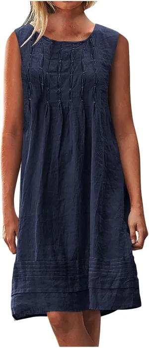 Womens Cotton Linen Shift Dresses Casual Loose Summer Sleeveless Pleated Midi Tshirt Sundress Beach Gauze Dress