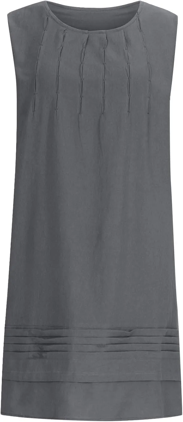Womens Cotton Linen Shift Dresses Casual Loose Summer Sleeveless Pleated Midi Tshirt Sundress Beach Gauze Dress