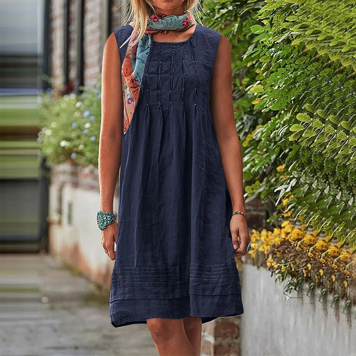 Womens Cotton Linen Shift Dresses Casual Loose Summer Sleeveless Pleated Midi Tshirt Sundress Beach Gauze Dress