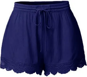 Womens Cotton Linen Soft Lightweight Shorts Drawstring Waist Lace Trim Casual Summer Shorts for Everyday Wear Pants