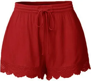Womens Cotton Linen Soft Lightweight Shorts Drawstring Waist Lace Trim Casual Summer Shorts for Everyday Wear Pants
