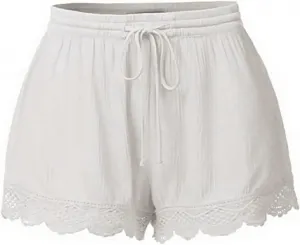 Womens Cotton Linen Soft Lightweight Shorts Drawstring Waist Lace Trim Casual Summer Shorts for Everyday Wear Pants
