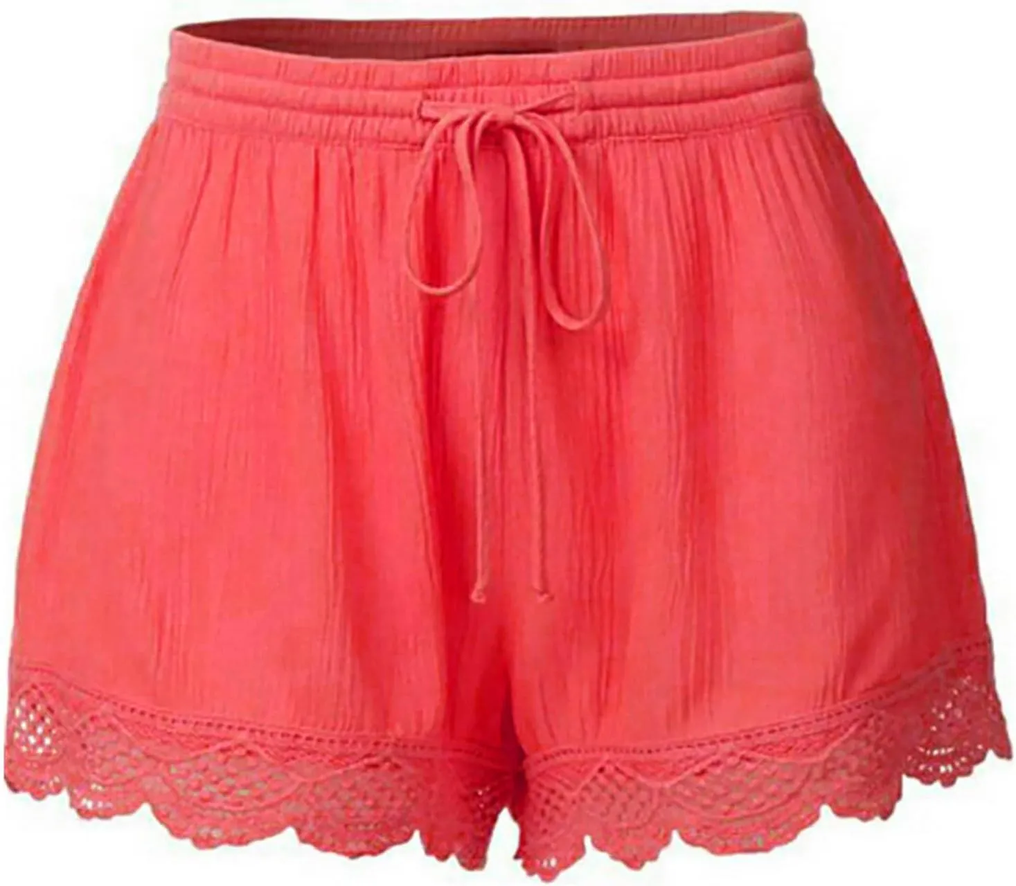 Womens Cotton Linen Soft Lightweight Shorts Drawstring Waist Lace Trim Casual Summer Shorts for Everyday Wear Pants