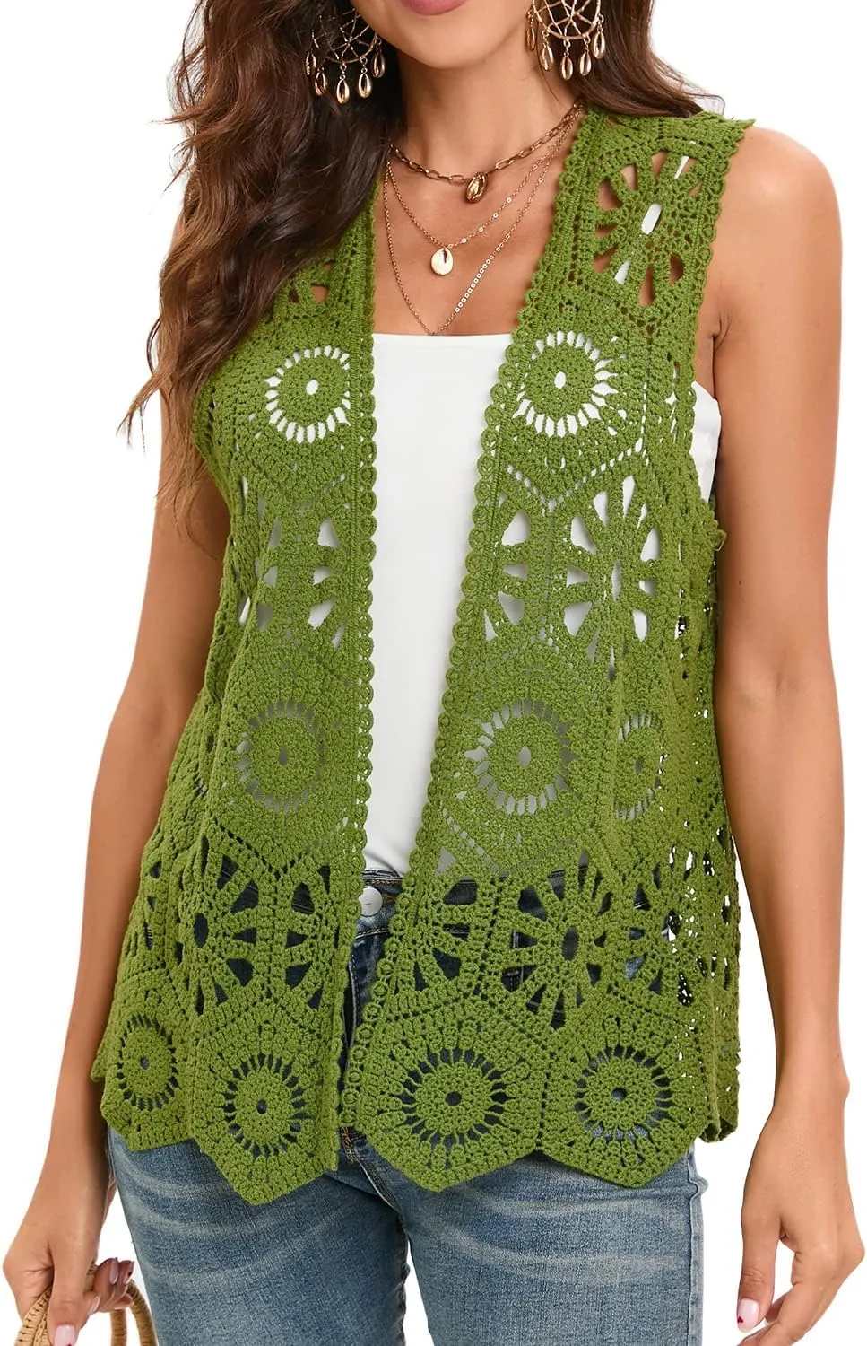 Women's Crochet Vest Sleeveless Boho Lace Cardigan (Geometry Olive)