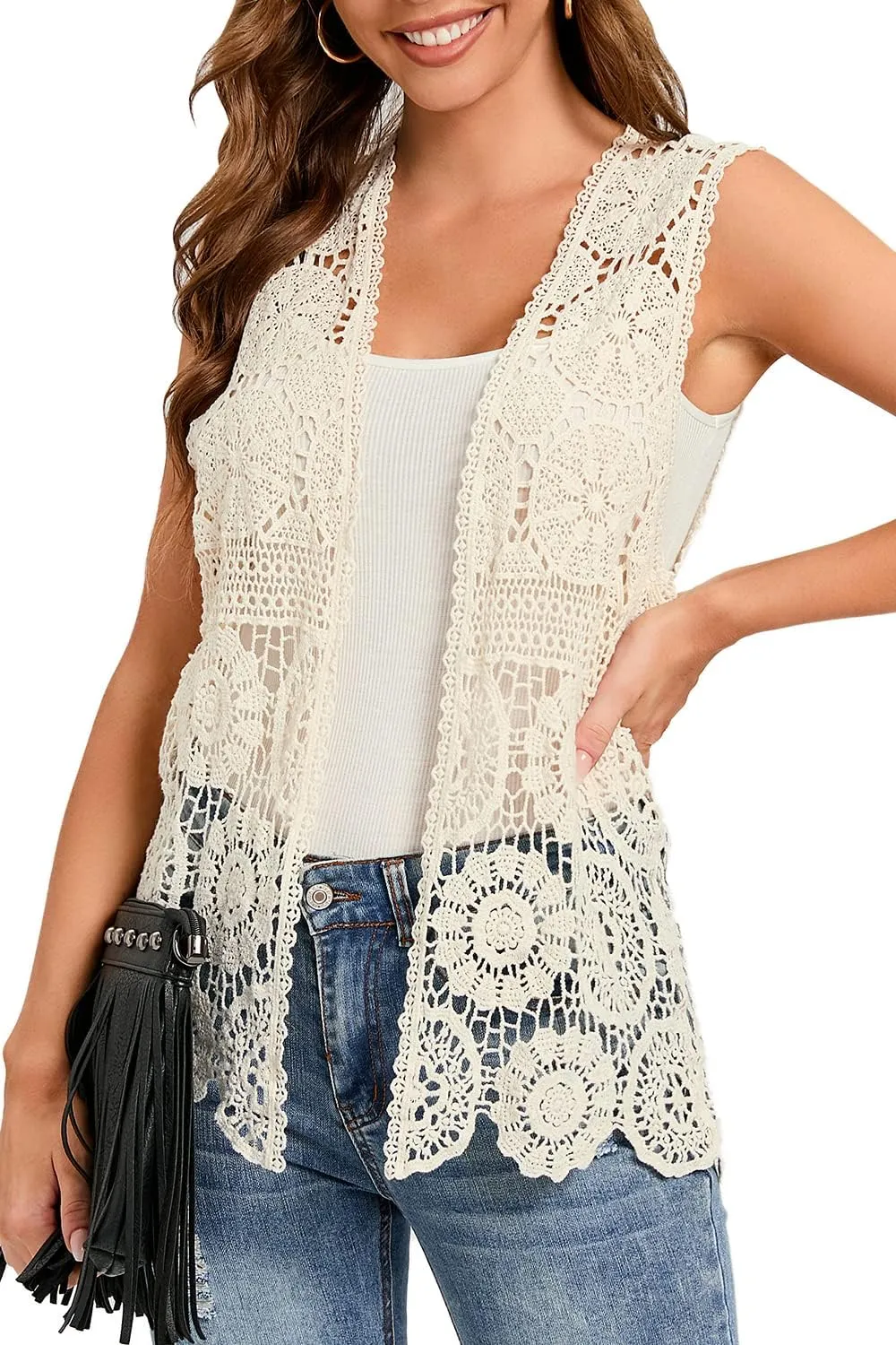 Women's Crochet Vest Sleeveless Boho Lace Cardigan (Round Flower Apricot)