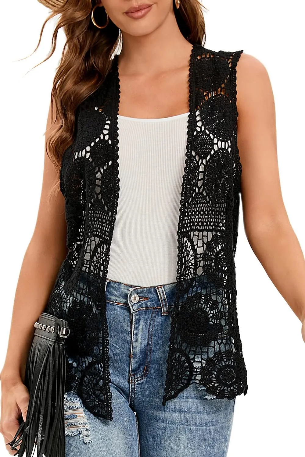Women's Crochet Vest Sleeveless Boho Lace Cardigan (Round Flower Black)