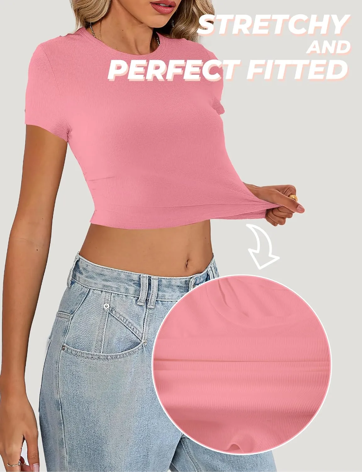 Womens Crop Top Crewneck Short Sleeve Summer Trendy T Shirt Casual Ribbed Basic Solid Slim Fit Baby Tee
