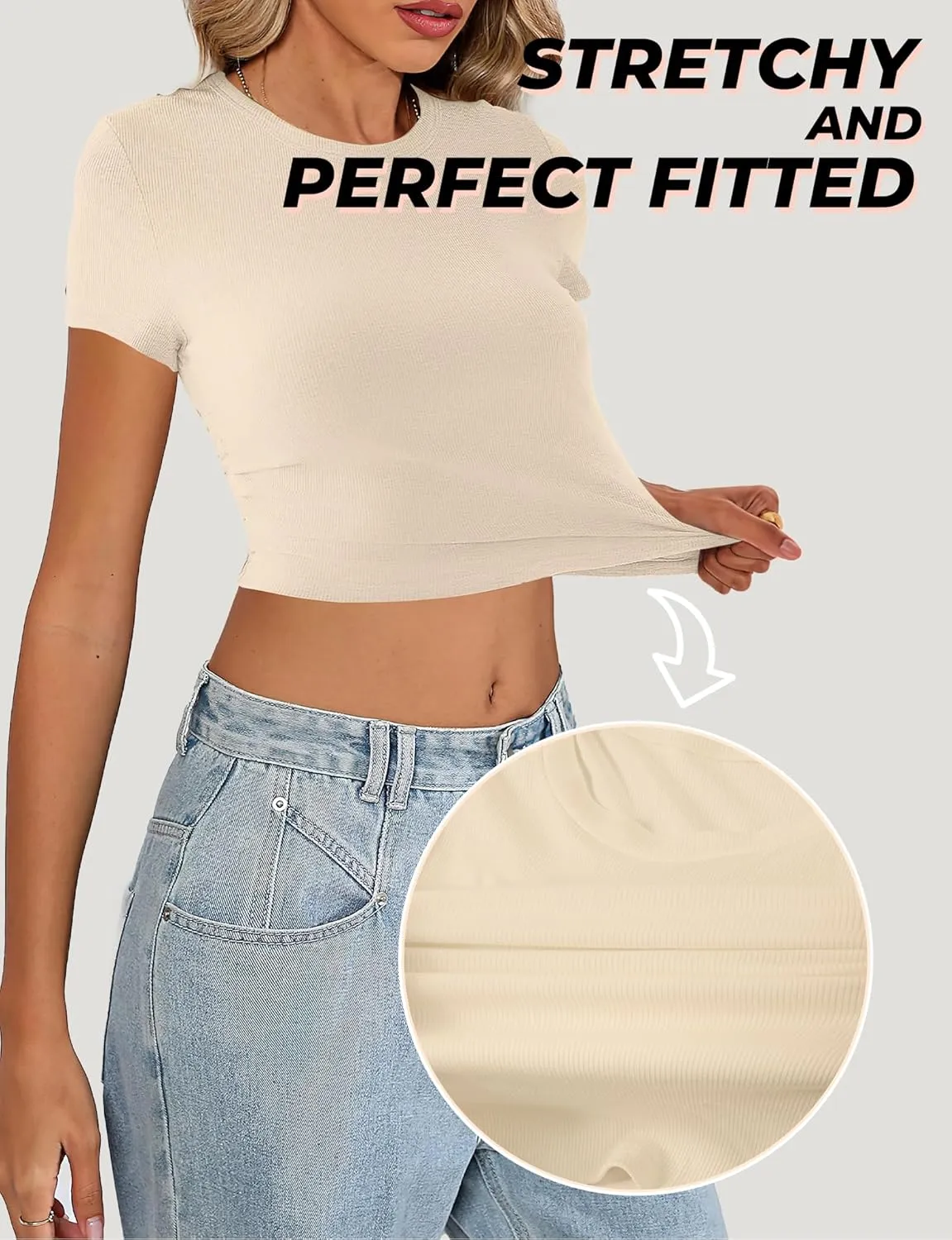 Womens Crop Top Crewneck Short Sleeve Summer Trendy T Shirt Casual Ribbed Basic Solid Slim Fit Baby Tee