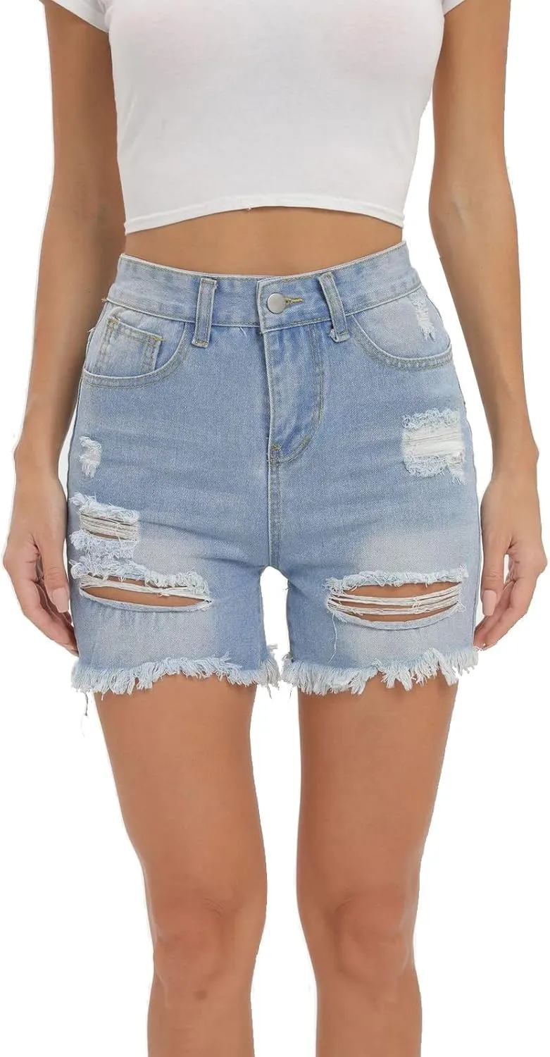 Womens Denim Bermuda Shorts High Waist Ripped Hole Distressed Short Jeans Junior Frayed Hem